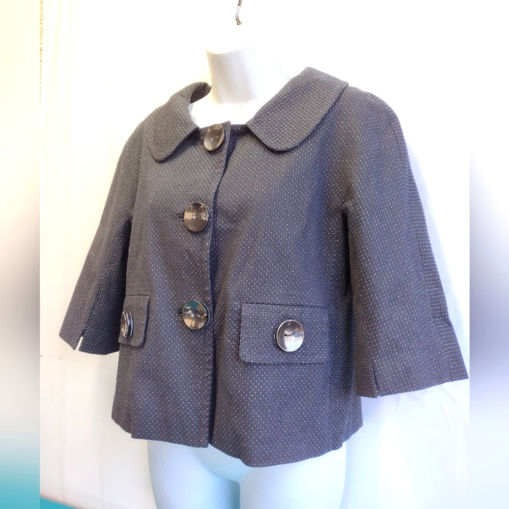 Context Womens Polka Dot Lined Crop Jacket Blazer 3/4 Sleeve Black Sz 12